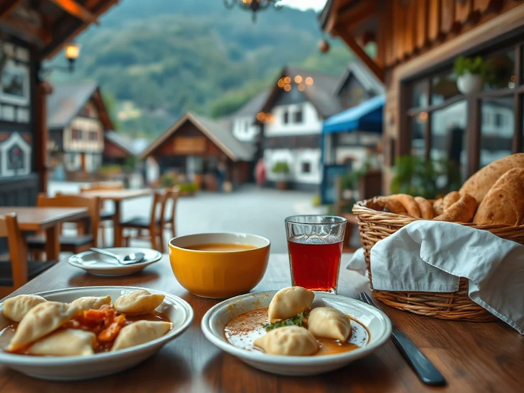 Stół w przytulnej restauracji w Krynicy-Zdroju z pierogami, zupą i kompotem, na tle drewnianych budynków i gór.