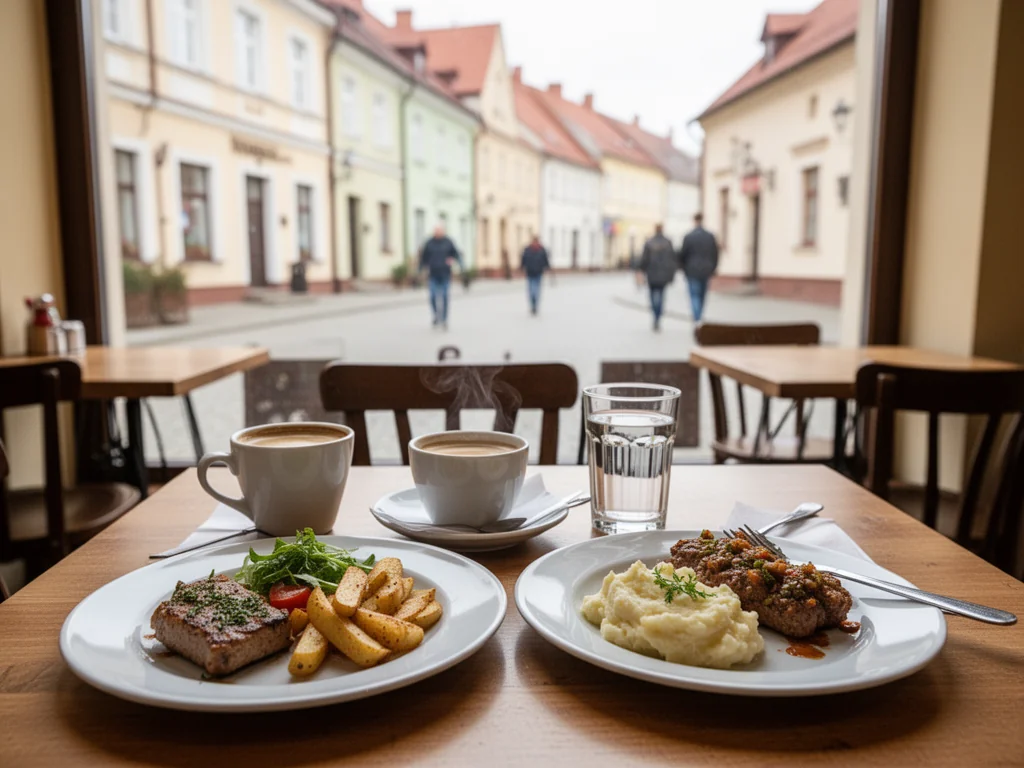 Stolik w małej restauracji w Suwałkach z tanimi, domowymi daniami; w tle spokojna, jasna ulica zachęcająca do budżetowego jedzenia.