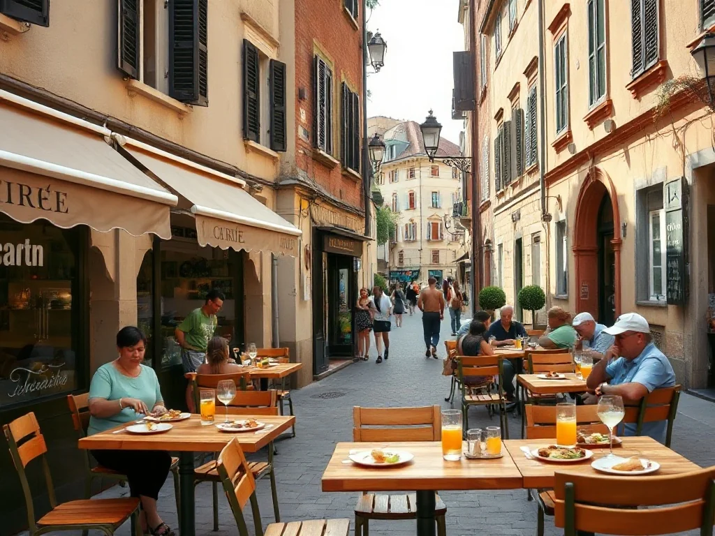 Urokliwa uliczka w Bochni z kameralnymi restauracjami i kafejkami, gdzie ludzie jedzą tanio i swobodnie rozmawiają