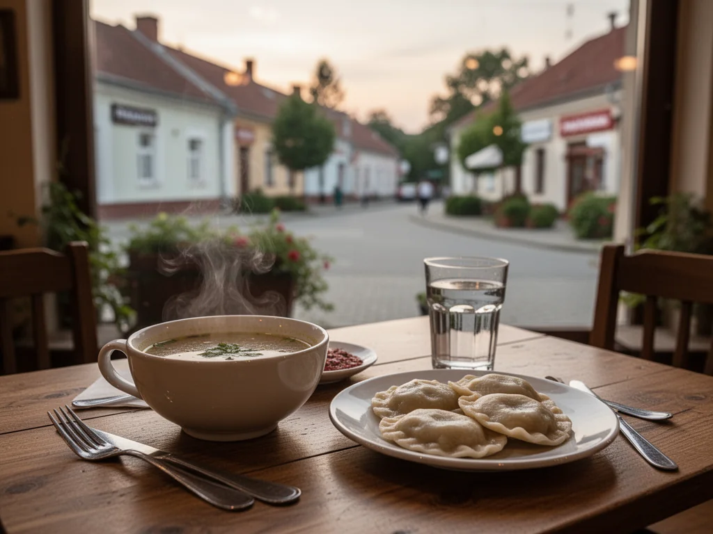Przytulny stolik w małomiasteczkowej restauracji z talerzem pierogów i zupą, idealne miejsce na tani, smaczny obiad.
