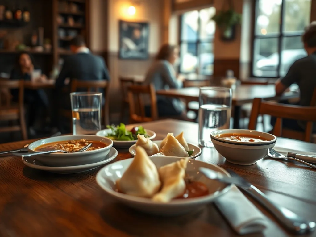 Stół w przytulnej, niedrogiej restauracji w Radomsku z pierogami, zupą i sałatką, zachęcający do taniego, domowego posiłku.