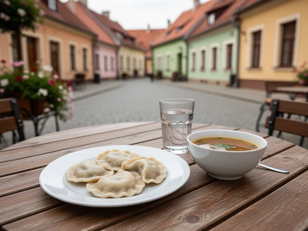 Stolik w ostrowieckiej kawiarni z pierogami i zupą, zachęcający do taniego, spokojnego posiłku w centrum miasta.