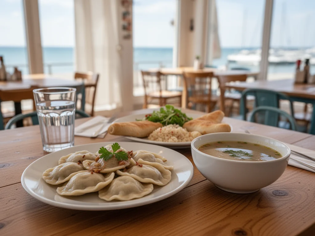 Tanie, domowe pierogi i zupa na drewnianym stole w przytulnej gdyńskiej knajpie z widokiem na morze i marinę.