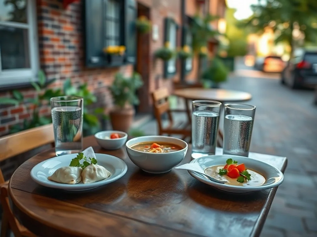 Stolik w żyrardowskiej knajpce z pierogami, zupą i sałatką, w tle cicha ulica z ceglaną zabudową w ciepłym świetle.
