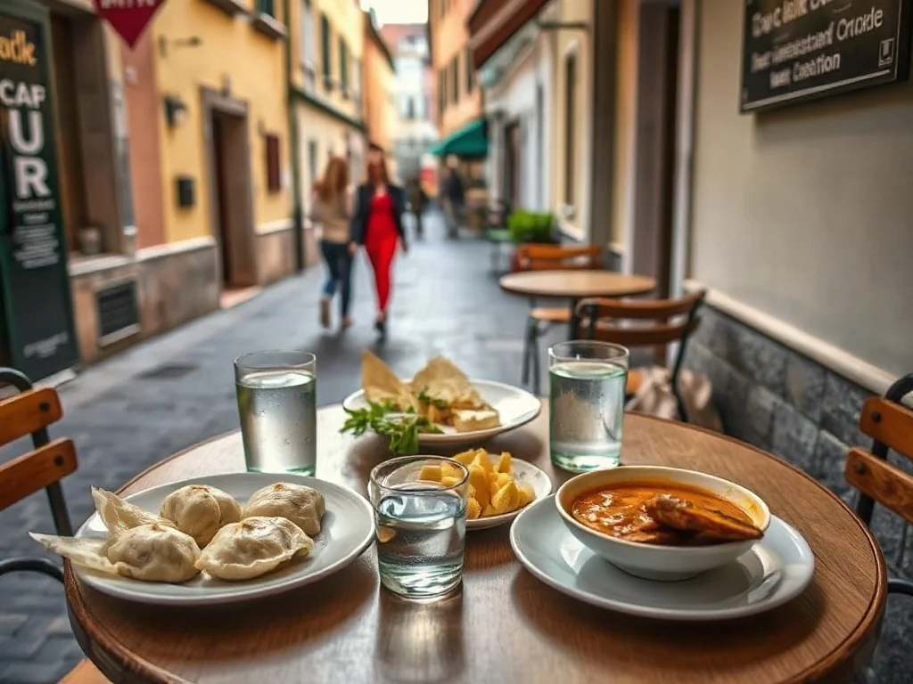 Stolik kawiarniany w Wieliczce z tanimi, domowymi daniami: pierogi, zupa, sałatka, w tle urokliwa, spokojna uliczka.