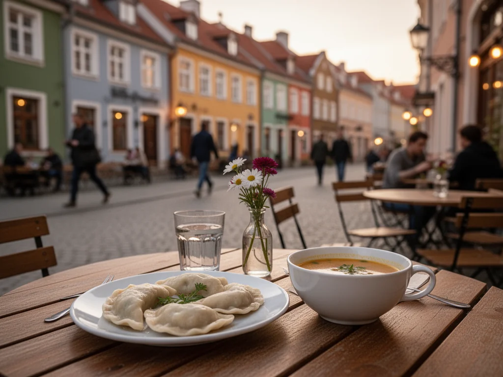 Przytulny stolik w bielskiej kawiarni z pierogami i zupą, w tle kolorowe kamienice i spokojna, wieczorna atmosfera.