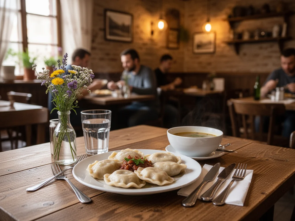 Przytulna restauracja w Zambrowie, na drewnianym stole tani domowy obiad: pierogi, zupa i woda w zachęcającej atmosferze.