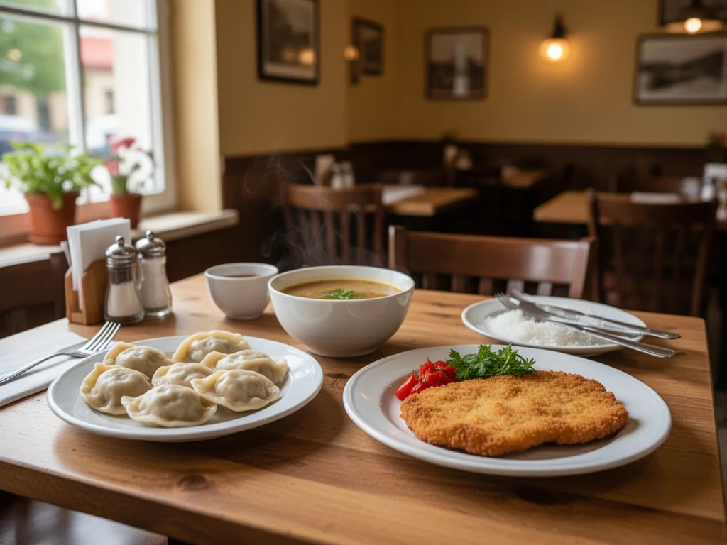 Przytulna restauracja w Strzelcach Opolskich z domowym, tanim obiadem: pierogi, zupa i kotlet na drewnianym stole.