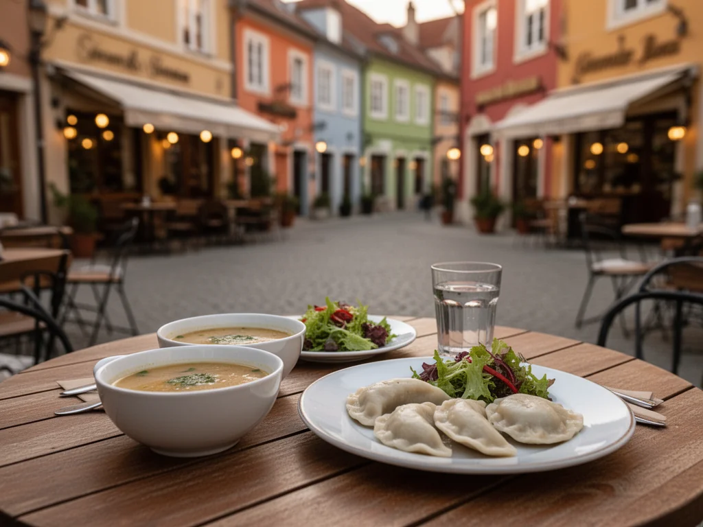 Przytulny stolik w rybnickiej knajpce z talerzem pierogów, zupą i sałatką, zachęcający do taniego, lokalnego obiadu na mieście.