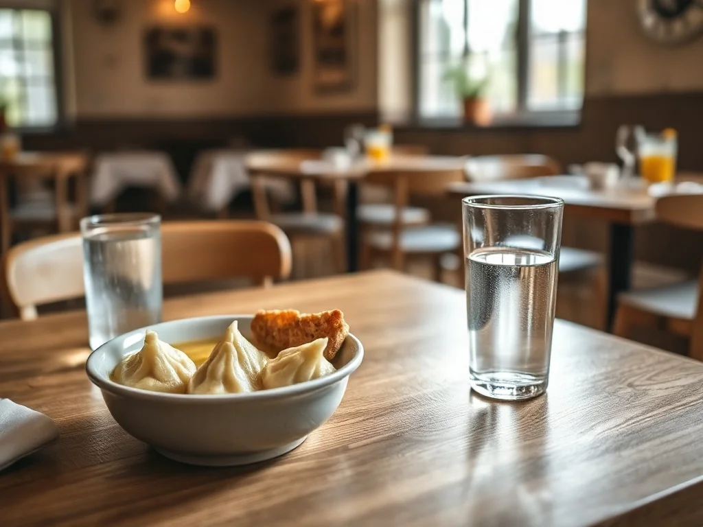 Przytulna restauracja w Zgierzu, na drewnianym stole tanie, domowe dania: pierogi, zupa i szklanka wody.
