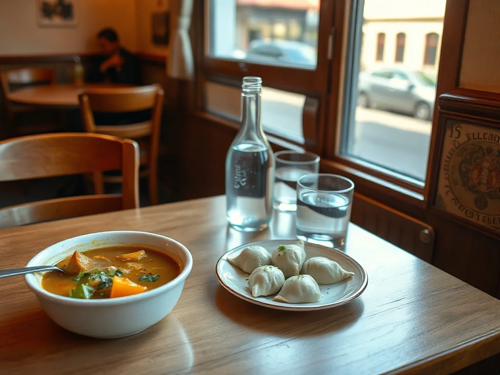 Przytulny, niedrogi bar w Legionowie z prostymi, apetycznymi daniami: zupa, pierogi i woda na drewnianym stoliku.