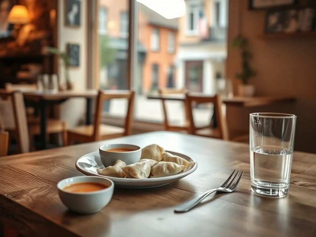 Przytulna restauracja w Gorlicach z tanim zestawem dnia: pierogi, zupa i woda na drewnianym stole w ciepłym świetle.