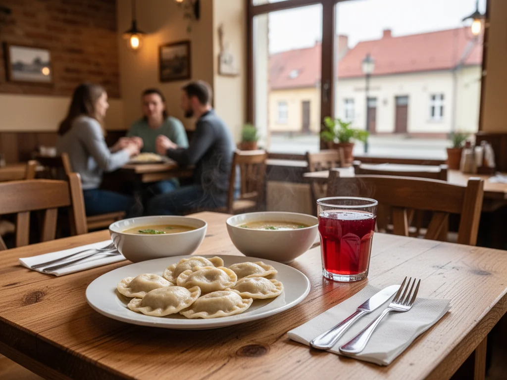 Przytulna restauracja w Grajewie z tanim domowym jedzeniem: pierogi, zupa i kompot na drewnianym stole.
