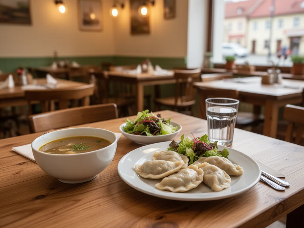 Przytulna restauracja w Brzegu z tanim, domowym obiadem: zupa, pierogi, sałatka i woda na drewnianym stole.