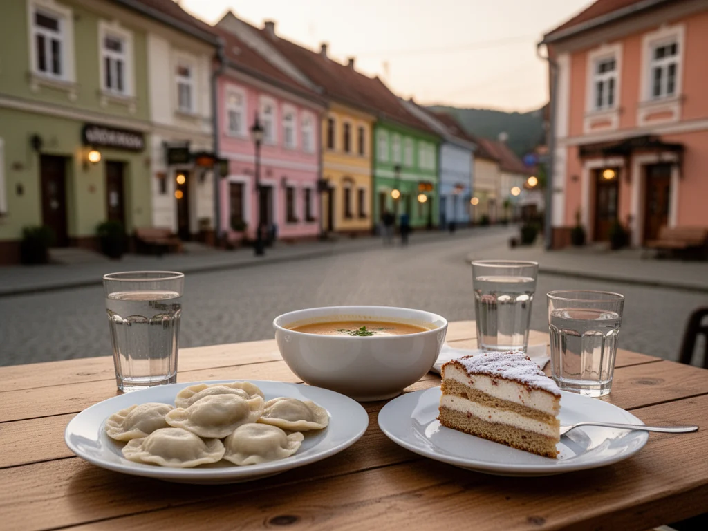Stół z domowymi pierogami, zupą i ciastem na tle kolorowych kamienic w Sanoku, zachęcający do taniego, lokalnego jedzenia.
