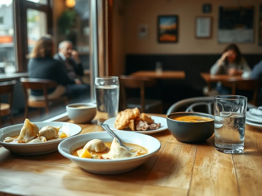 Przytulny stolik w taniiej, domowej restauracji w Oświęcimiu z talerzem pierogów i miską zupy przy oknie