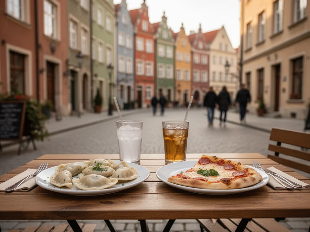 Przytulny stolik w gliwickiej kawiarni na starym mieście z tanim, apetycznym jedzeniem na tle kolorowych kamienic.