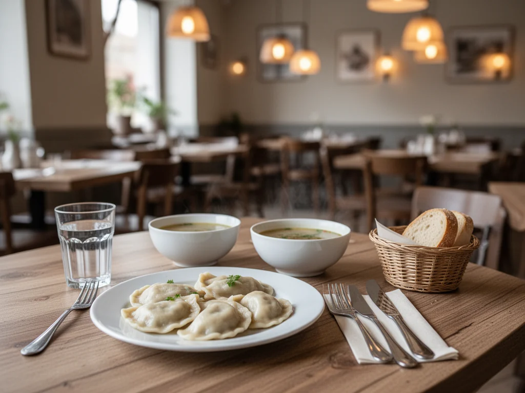 Przytulna restauracja w Tychach z tanimi, domowymi daniami: pierogi, zupa i pieczywo na drewnianym stole w ciepłym świetle.