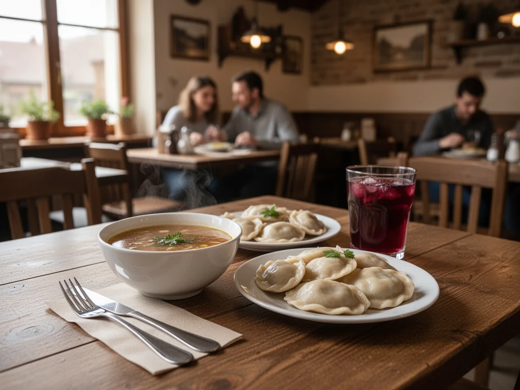 Przytulna restauracja w Pińczowie z prostymi, tanimi daniami: zupa, pierogi i kompot na drewnianym stole.