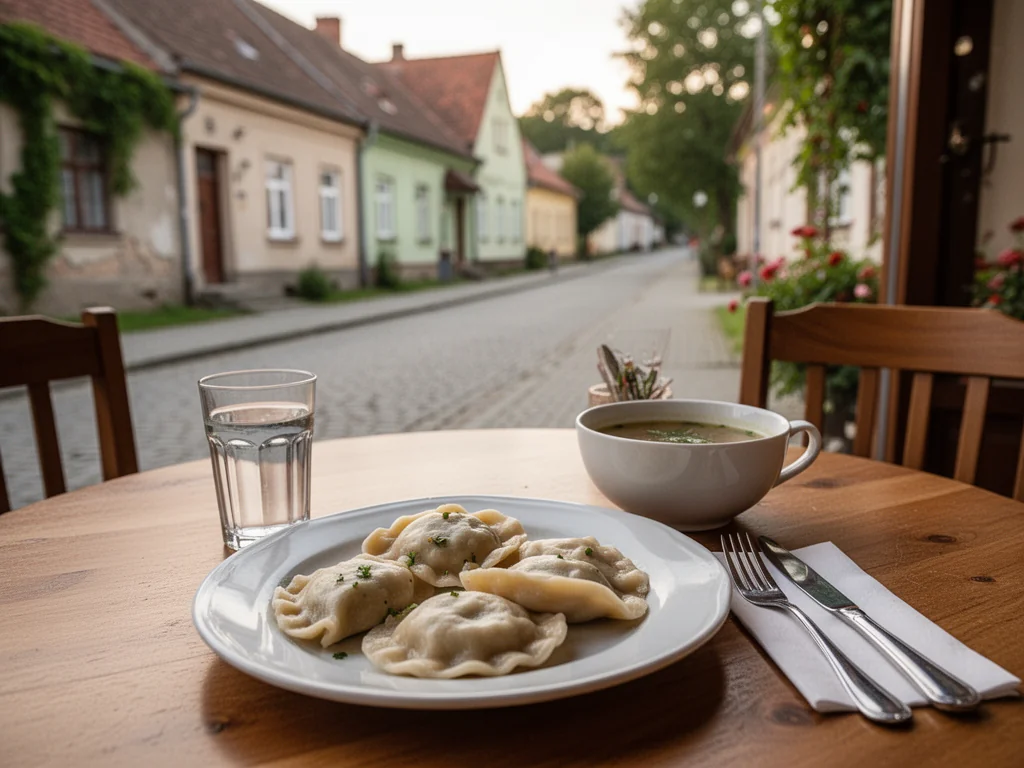 Stolik w staszowskiej kawiarni z talerzem pierogów i zupą, w tle spokojna mała uliczka idealna na tani, domowy obiad.