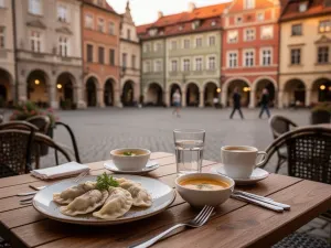 Przytulna restauracja w Grajewie z tanim domowym jedzeniem: pierogi, zupa i kompot na drewnianym stole.
