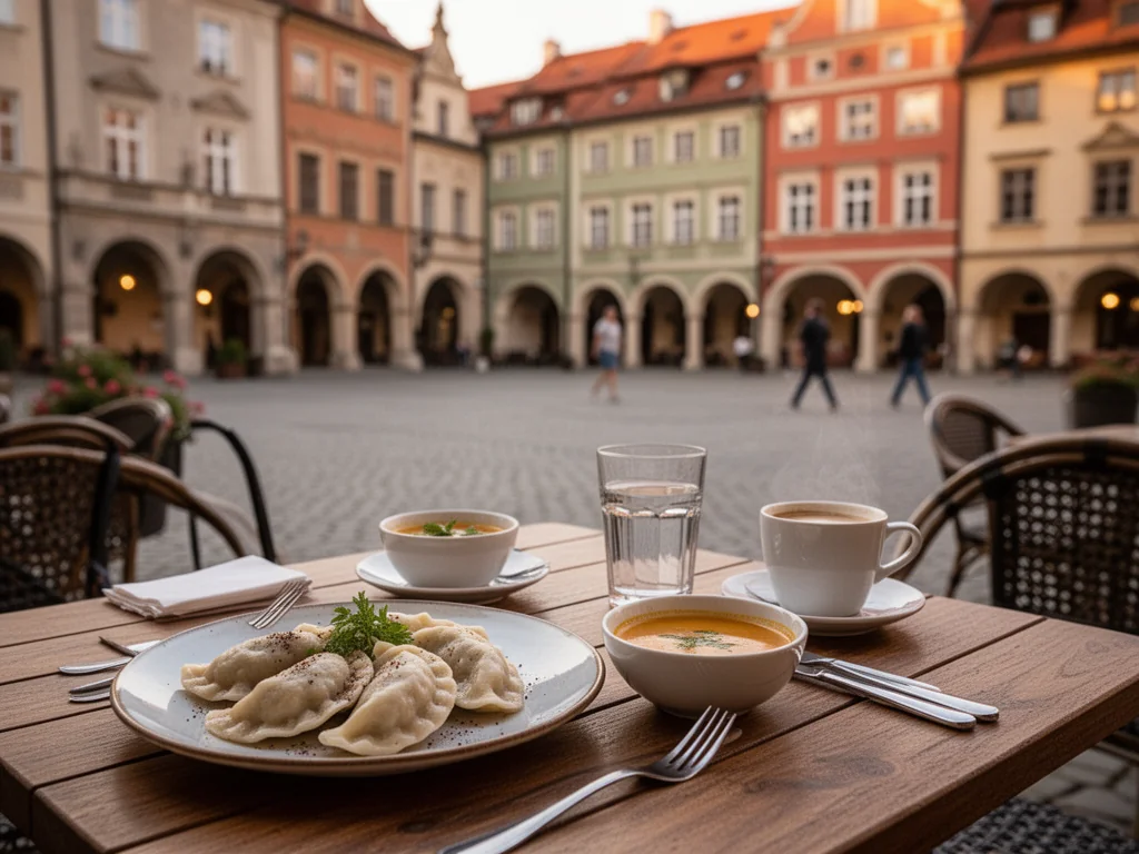 Stolik w zamojskiem rynku z pierogami i zupą w ciepłym świetle, idealne miejsce na tani i smaczny posiłek na starówce.