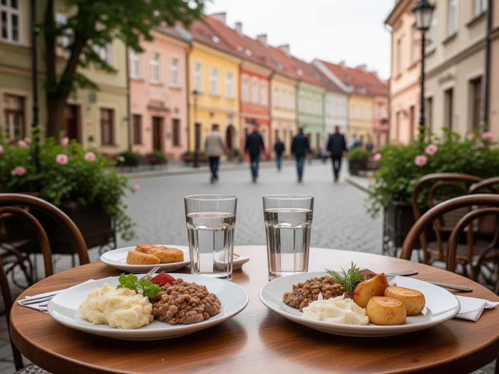 Kameralny stolik w kawiarnianym ogródku w Kielcach z prostymi daniami kuchni polskiej, w tle kolorowe kamienice i spacerowicze.