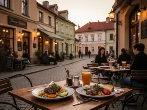 Stolik nad jeziorem w Mrągowie z pierogami, grillowaną rybą i napojami, w tle spokojne mazurskie jezioro i łódki.