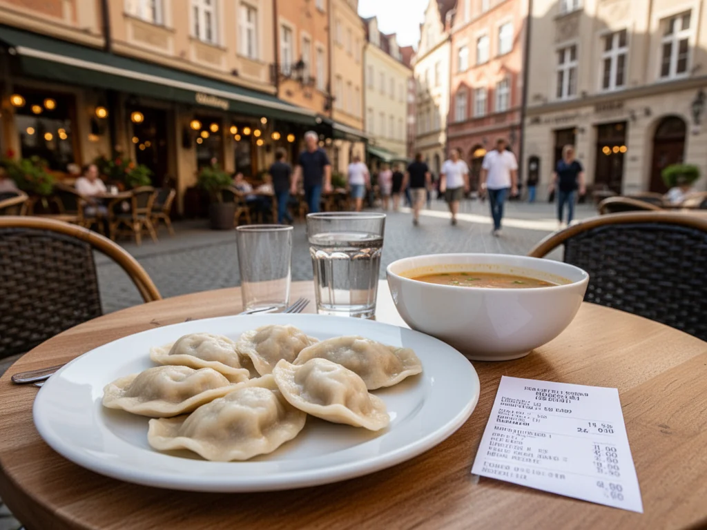 Stolik w bytomskiej knajpce: pierogi, zupa i rachunek z niską kwotą na tle klimatycznej, słonecznej uliczki.
