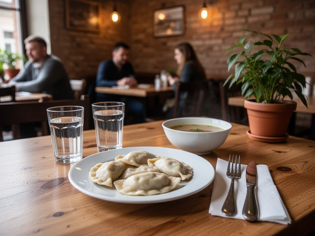 Przytulna restauracja w Kętrzynie z prostymi, tanimi daniami: pierogi, zupa i woda na drewnianym stoliku.