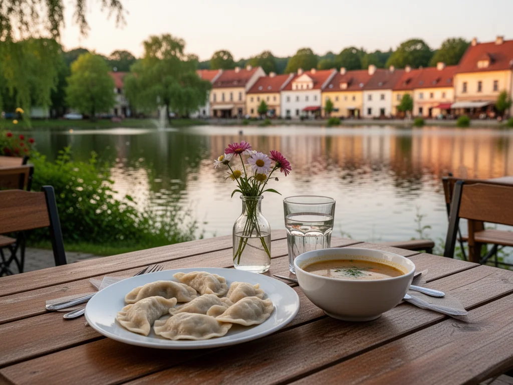 Przytulny stolik w ostródzkiej knajpce nad jeziorem, tanie domowe dania: pierogi, zupa, woda, spokojna wieczorna sceneria.
