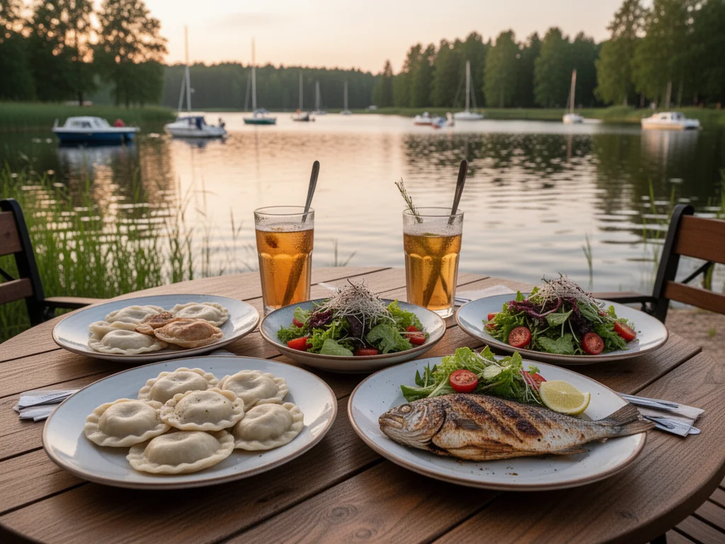 Stolik nad jeziorem w Mrągowie z pierogami, grillowaną rybą i napojami, w tle spokojne mazurskie jezioro i łódki.