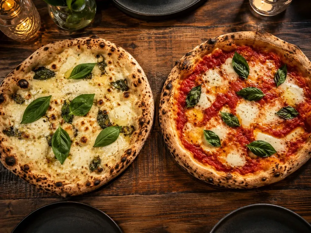 Dwie pizze - klasyczna i biała - na drewnianym stole w restauracji