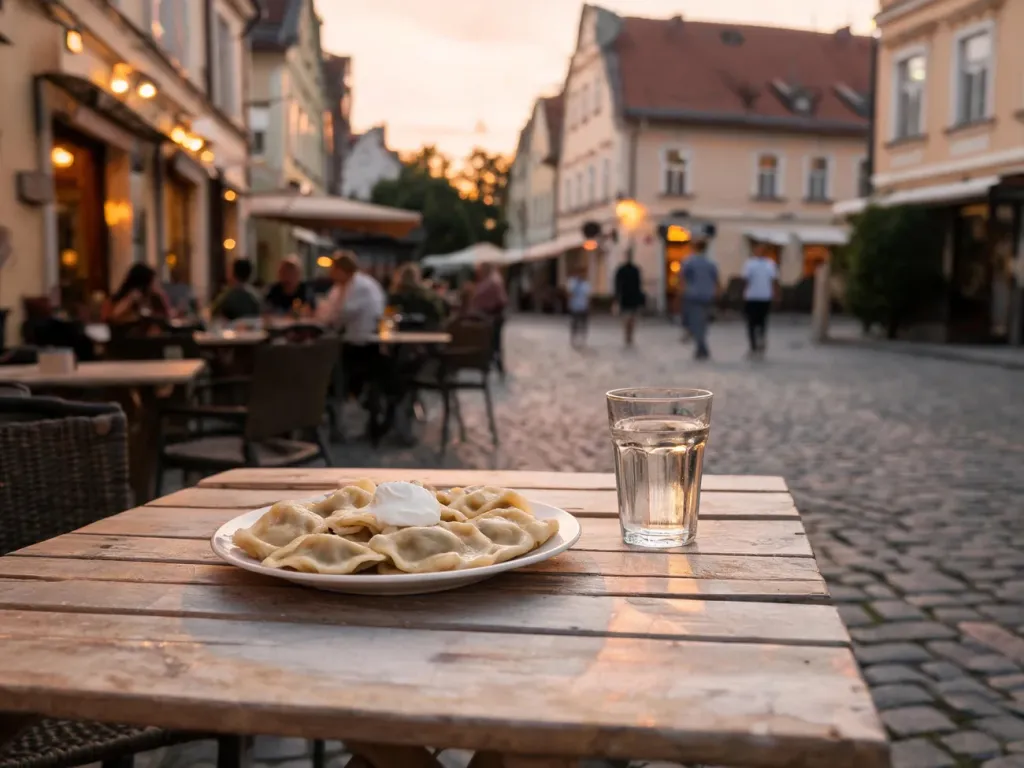 Urokliwa ulica w Śremie z tanim domowym daniem w ogródku, w tle skromne restauracje i spacerujący ludzie.