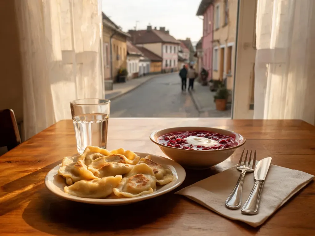 Przytulny stolik w swarzędzkiej restauracji z tanimi domowymi daniami, w tle spokojna małomiasteczkowa uliczka.
