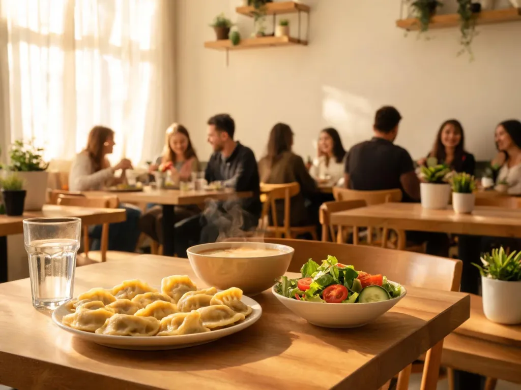 Przytulna, tania restauracja w Pile z drewnianym stołem zastawionym pierogami, zupą i sałatką w ciepłym, dziennym świetle.