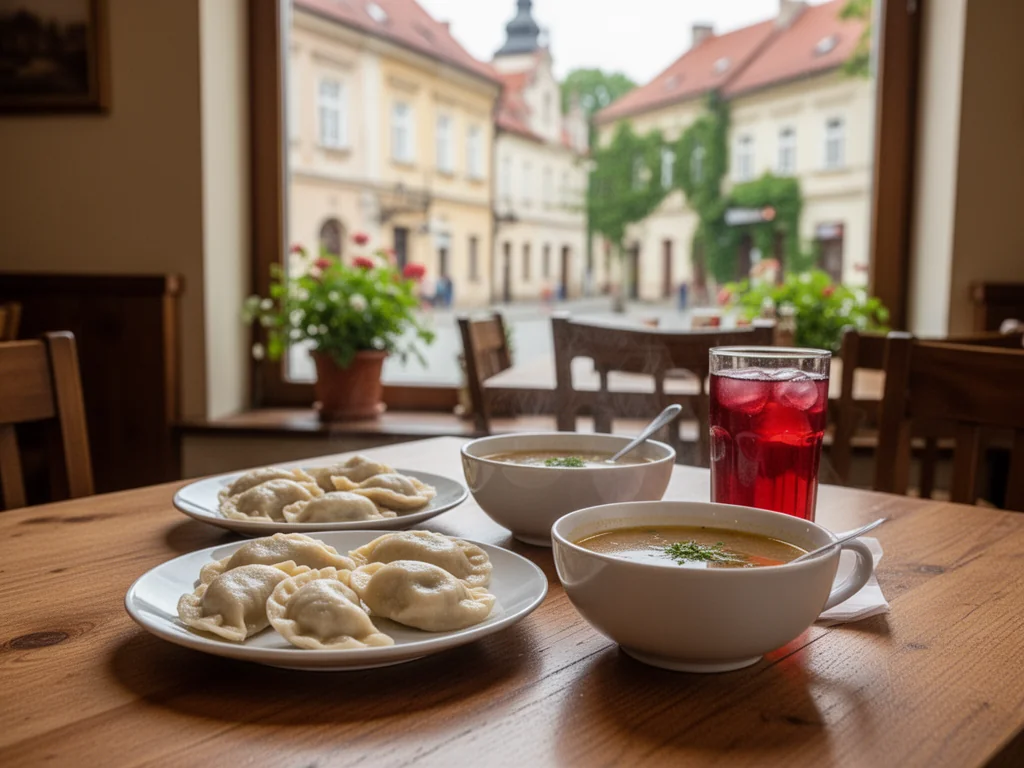 Przytulna restauracja w Szczytnie z tanimi, domowymi daniami: pierogi, zupa i kompot na drewnianym stole.