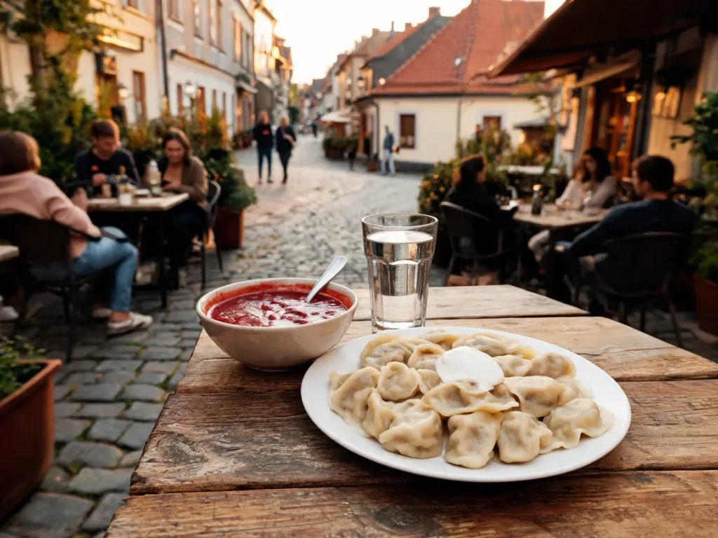 Przytulna kawiarnia w Szczecinku, na stole tanie dania: pierogi, zupa i woda, w tle urokliwa, spokojna uliczka.