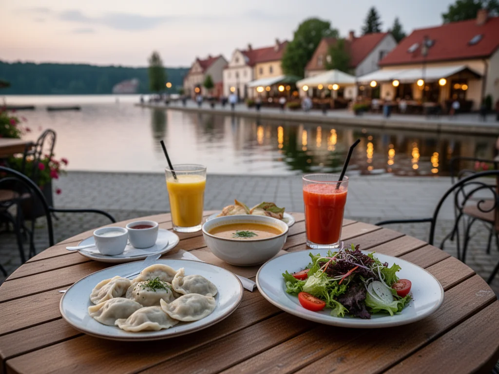 Stolik w ełckiej knajpce nad jeziorem z pierogami, zupą, sałatką i napojami, w tle promenada i nastrojowe światła o zmierzchu.