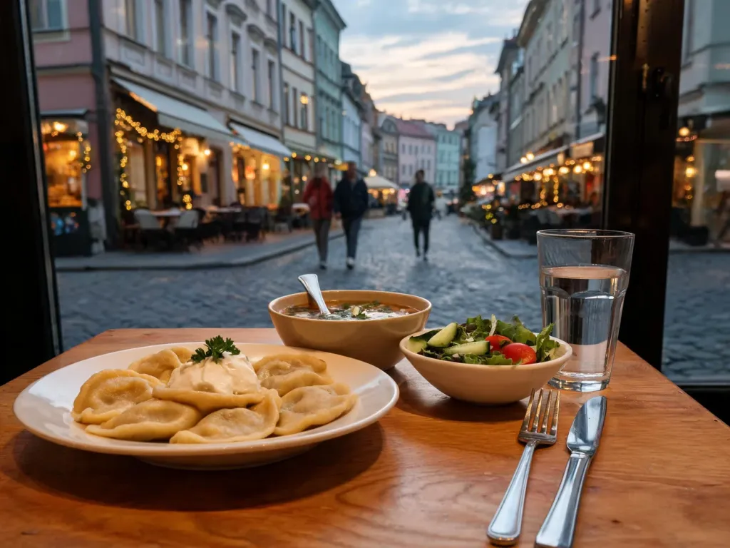 Przytulny stolik w gnieźnieńskiej restauracji z pierogami i zupą, w tle klimatyczna uliczka z knajpkami o zmierzchu.