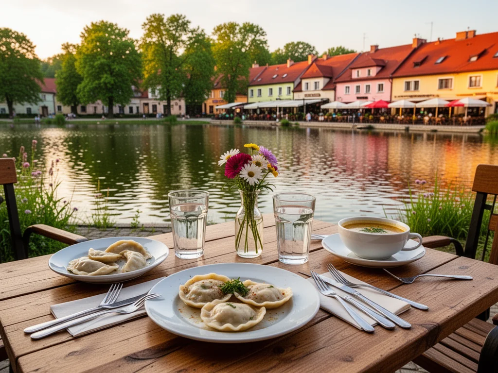 Przytulny stolik w iławskiej kawiarni nad jeziorem z prostymi, tanimi daniami, w tle restauracje i spokojna tafla wody.