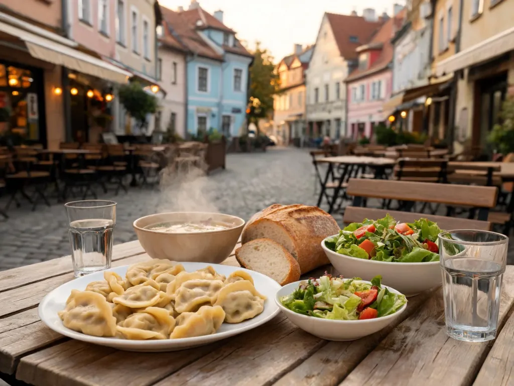 Drewniany stół z pierogami, zupą i sałatką na tle urokliwej uliczki Wałcza z lokalnymi restauracjami.
