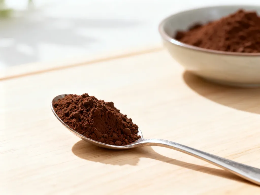 Srebrna łyżka wypełniona ciemnym kakao na drewnianym blacie, ilustrująca sposób odmierzania porcji produktu.