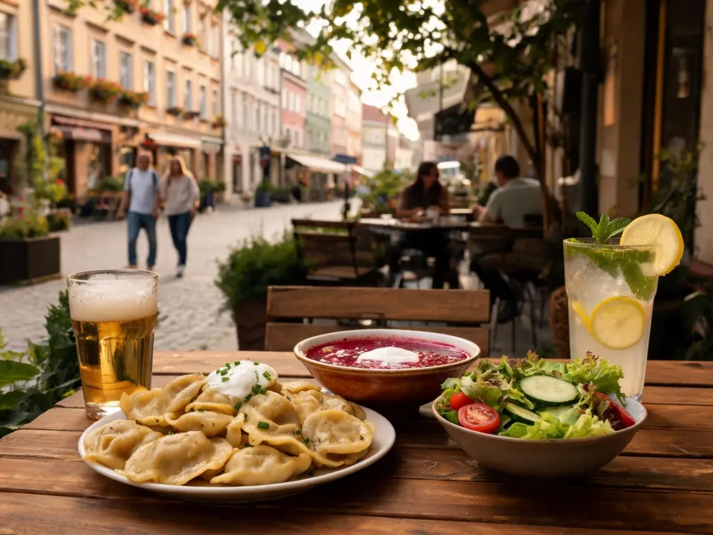 Urokliwy stolik w koszalińskiej kawiarni z pierogami, zupą i napojami, zachęcający do taniego, lokalnego posiłku na świeżym powietrzu.