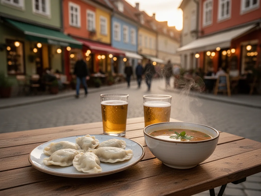 Drewniany stolik z pierogami, zupą i napojami na tle przytulnej ulicy Elbląga z restauracjami o złotej godzinie.