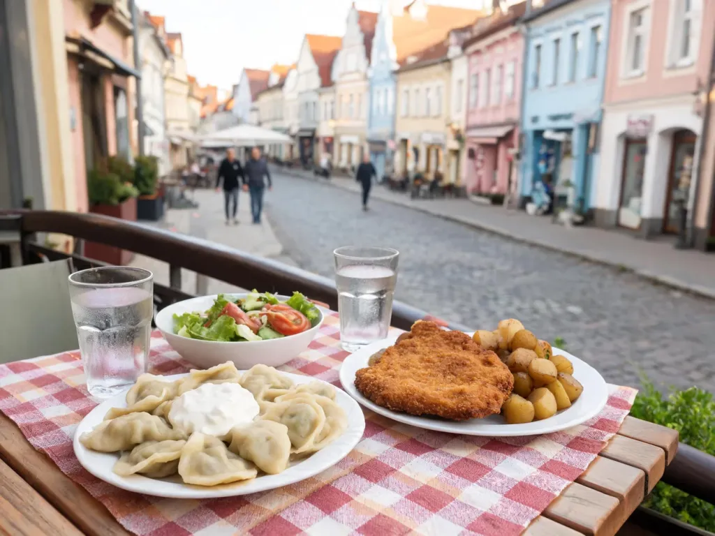 Stół w przytulnej restauracji w Ostrowie Wielkopolskim z tanimi, domowymi daniami i widokiem na spokojną ulicę.