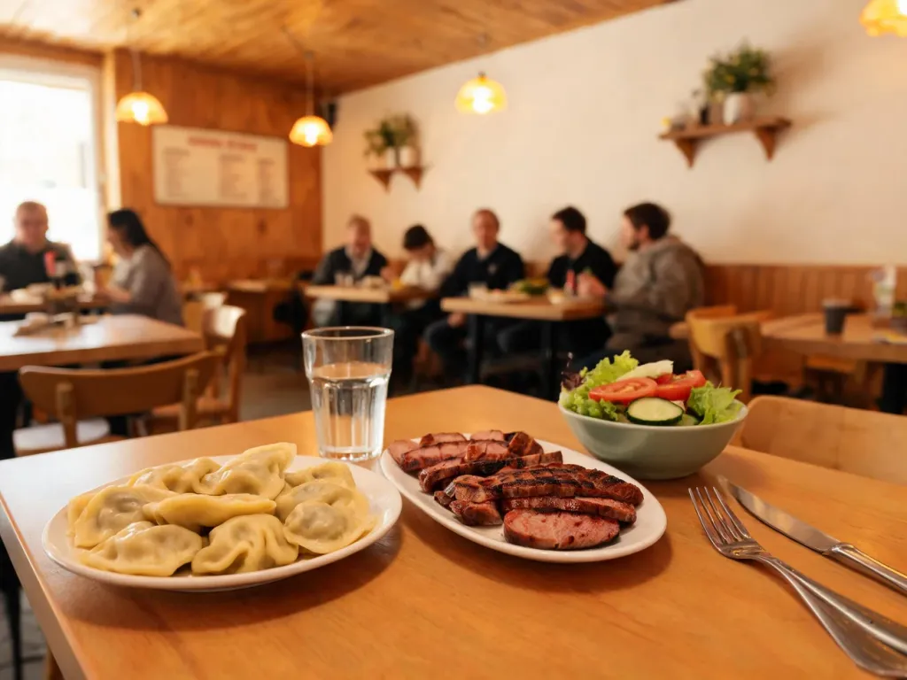 Przytulna mała restauracja w Policach, na drewnianym stole pierogi, grillowane mięso i sałatka, zachęcające do taniego posiłku.