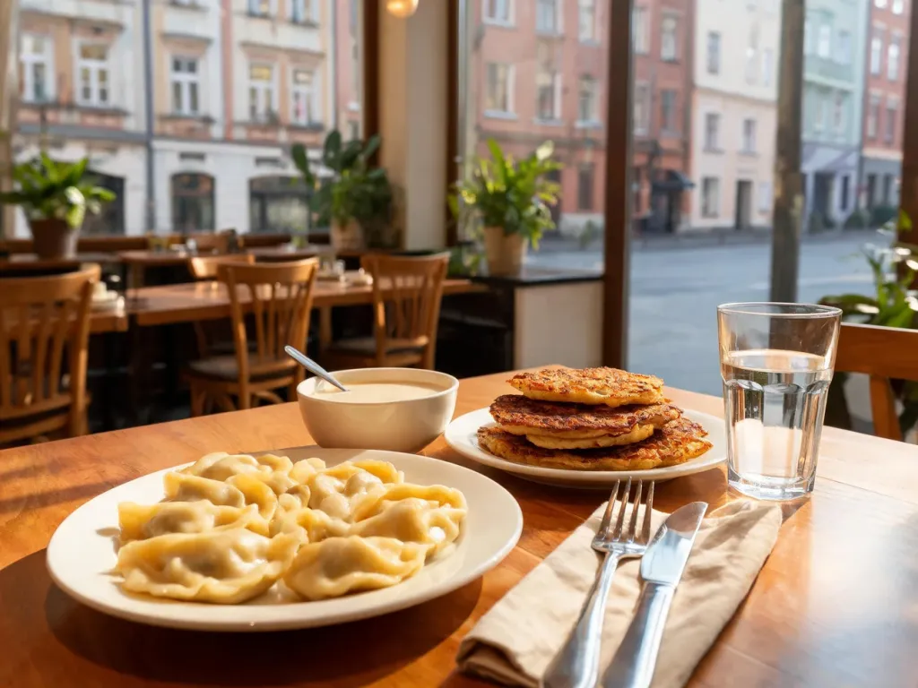 Przytulny stolik w konińskiej restauracji z pierogami, plackami ziemniaczanymi i zupą, zachęcający do taniego, domowego obiadu.