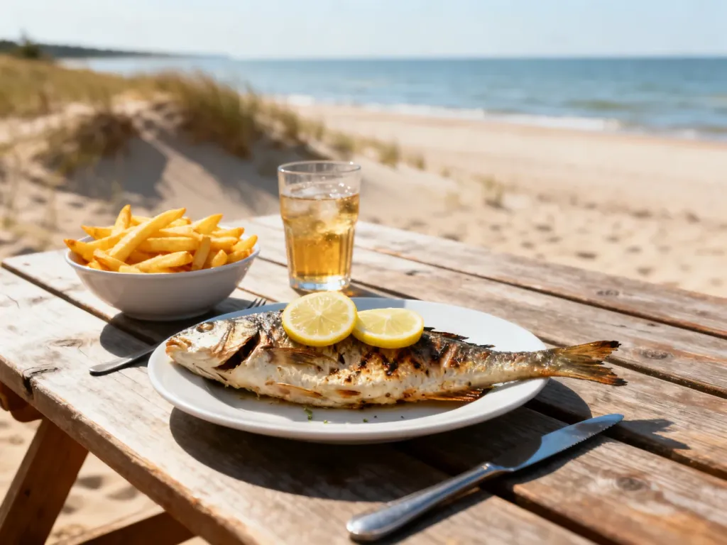 Świeżo grillowana ryba z frytkami na drewnianym stole z widokiem na piaszczystą plażę i morze w Mrzeżynie.