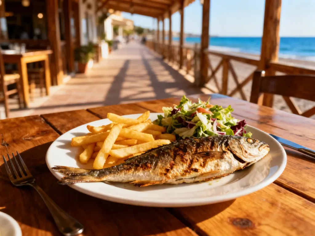 Talerz świeżej ryby z frytkami i sałatką na drewnianym stole w restauracji z widokiem na nadmorską promenadę w Łazach.